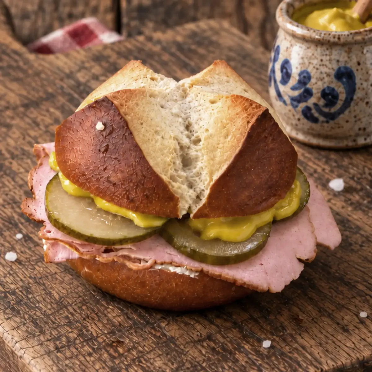 Herzhafter Fleischkäse, extra fluffiges Laugenbrötchen, würzige Essiggurken und Senfcreme.